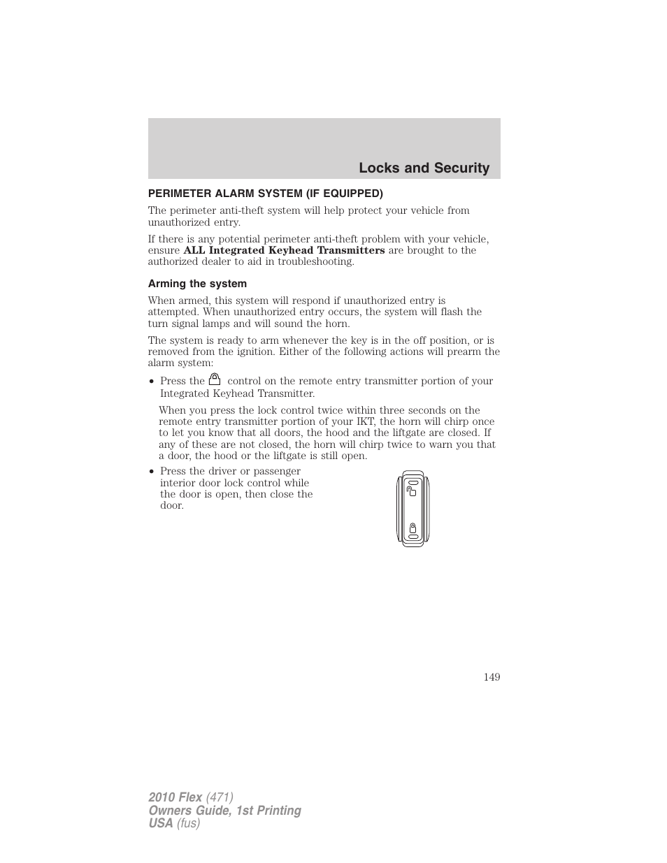 Perimeter alarm system (if equipped), Arming the system, Locks and security | FORD 2010 Flex v.1 User Manual | Page 149 / 397