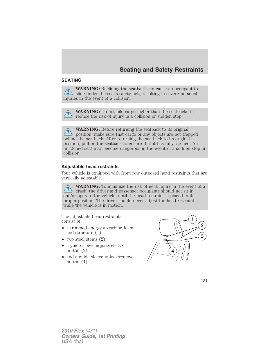 Seating and safety restraints, Seating, Adjustable head restraints | FORD 2010 Flex v.1 User Manual | Page 151 / 397