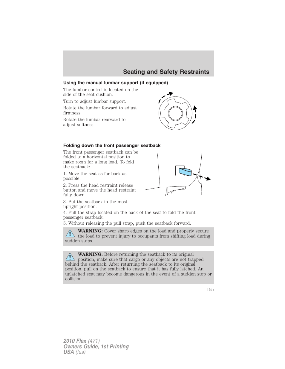 Using the manual lumbar support (if equipped), Folding down the front passenger seatback, Seating and safety restraints | FORD 2010 Flex v.1 User Manual | Page 155 / 397