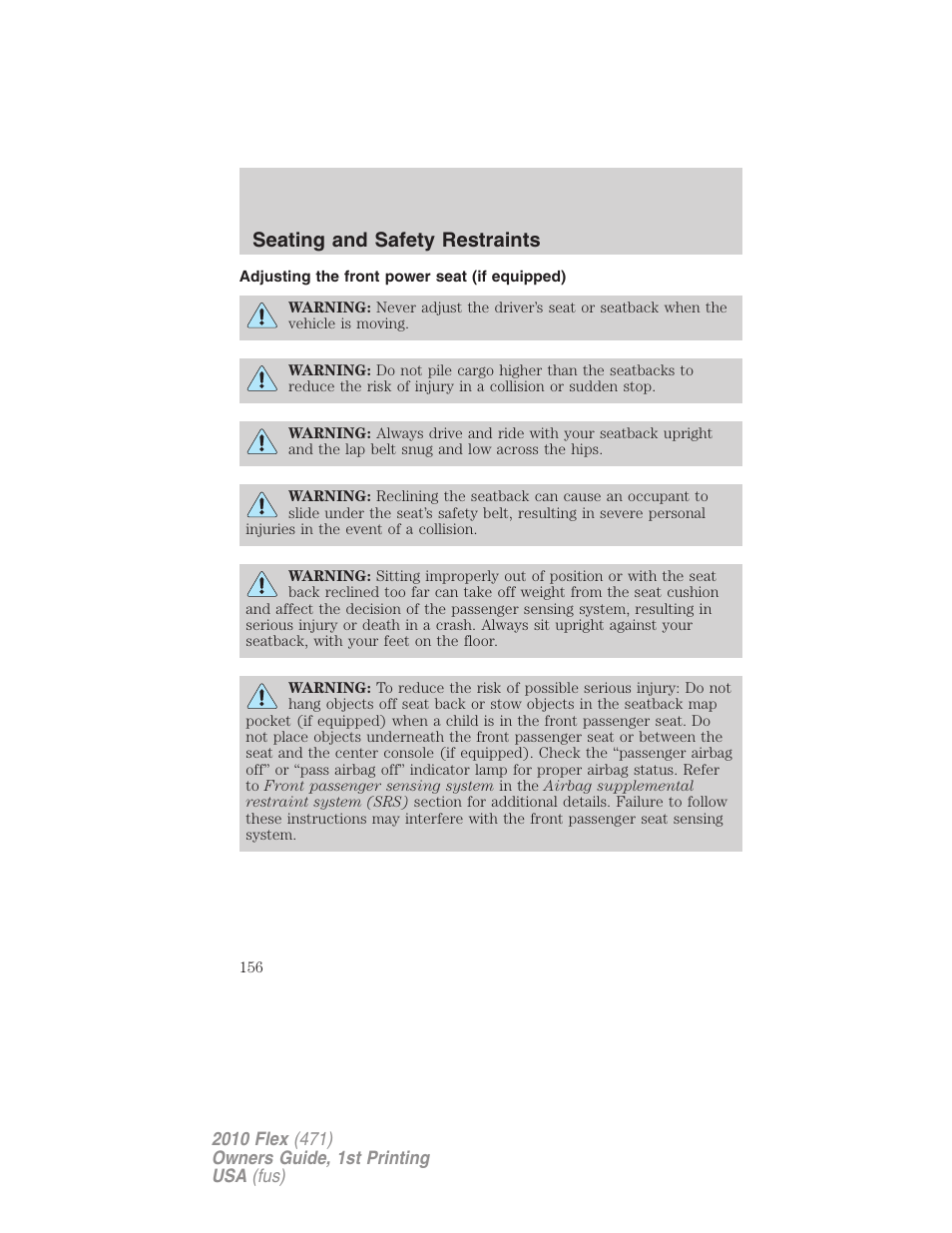 Adjusting the front power seat (if equipped), Seating and safety restraints | FORD 2010 Flex v.1 User Manual | Page 156 / 397
