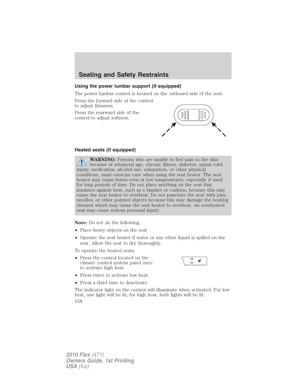 Using the power lumbar support (if equipped), Heated seats (if equipped), Seating and safety restraints | FORD 2010 Flex v.1 User Manual | Page 158 / 397