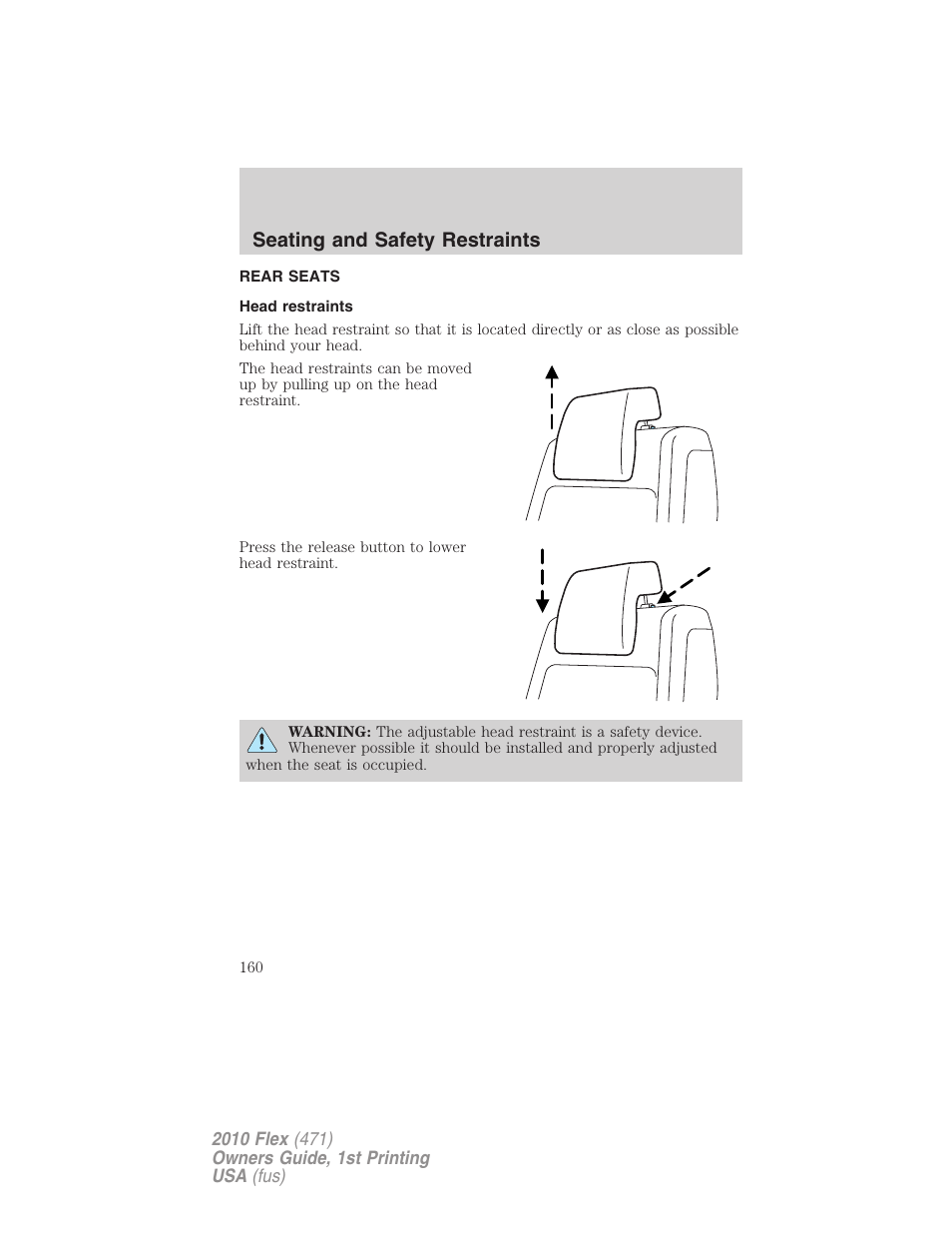 Rear seats, Head restraints, Seating and safety restraints | FORD 2010 Flex v.1 User Manual | Page 160 / 397