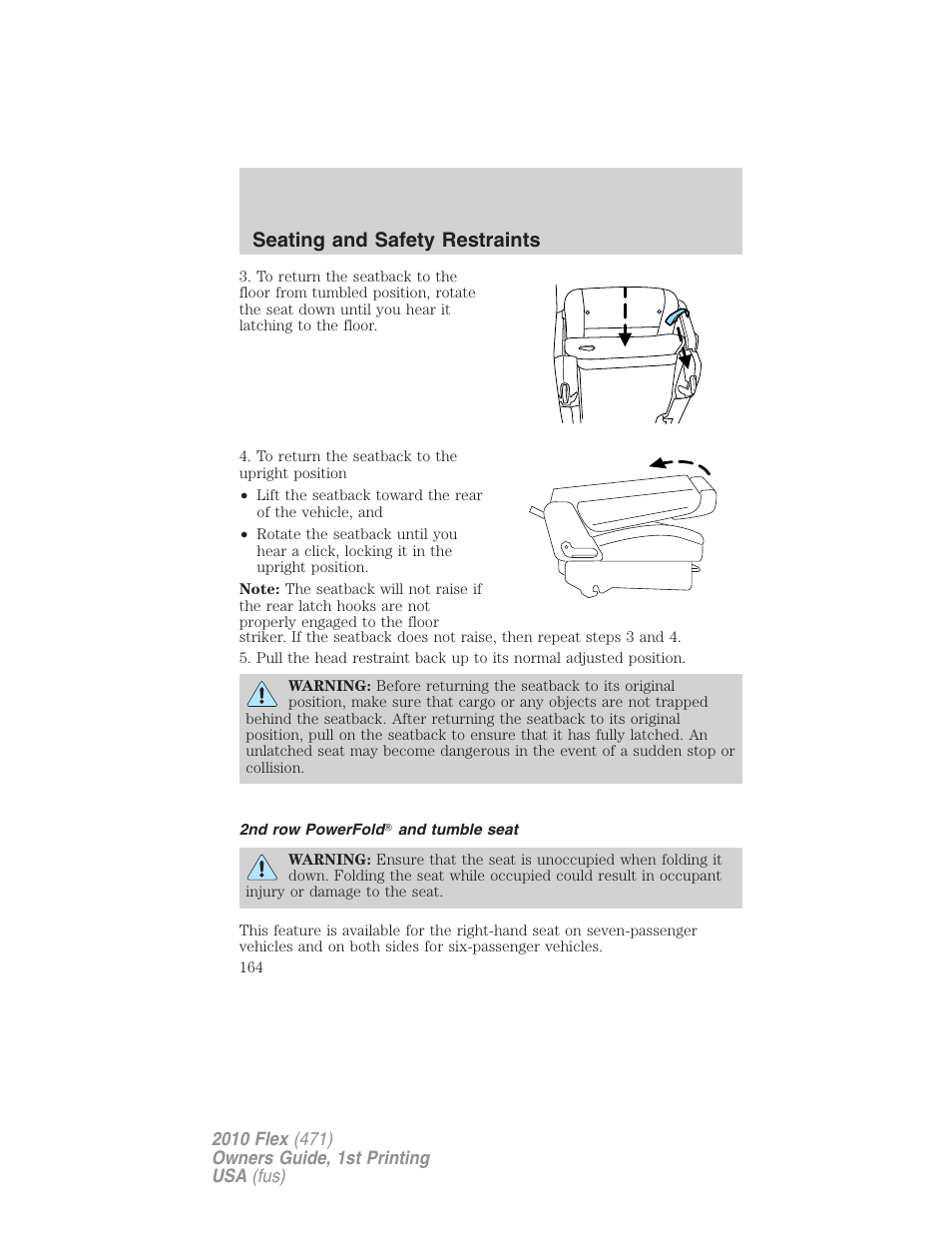 2nd row powerfold and tumble seat, Seating and safety restraints | FORD 2010 Flex v.1 User Manual | Page 164 / 397
