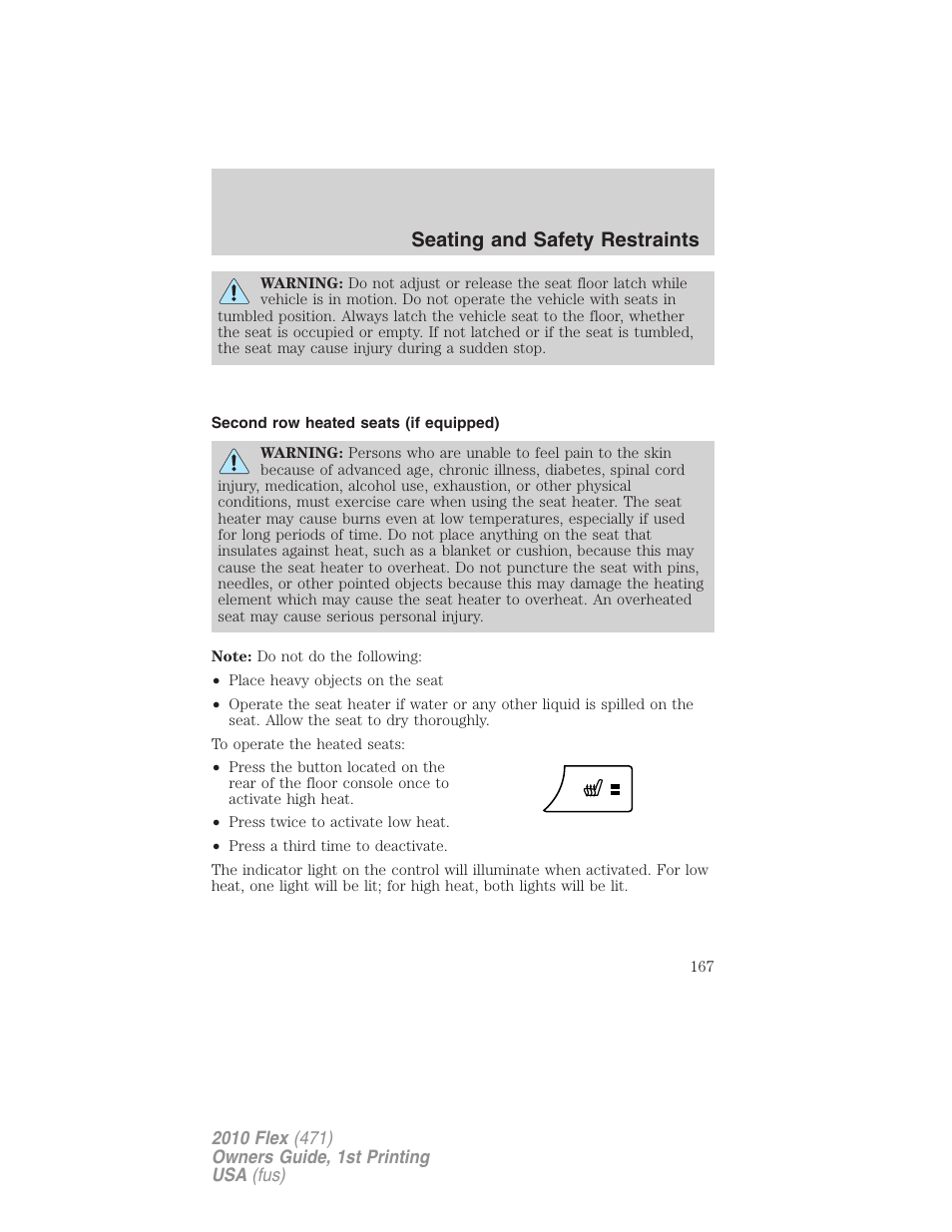 Second row heated seats (if equipped), Seating and safety restraints | FORD 2010 Flex v.1 User Manual | Page 167 / 397