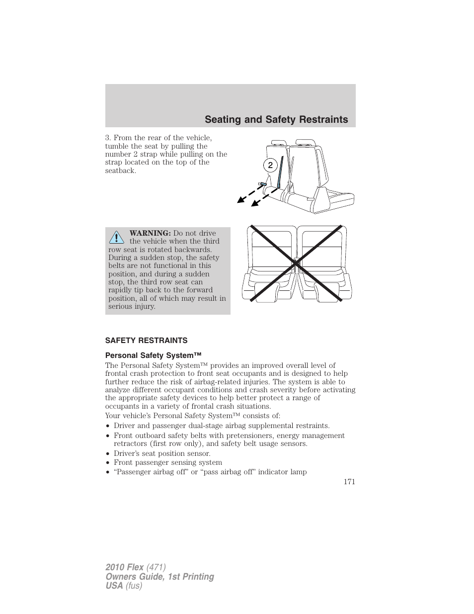 Safety restraints, Personal safety system, Seating and safety restraints | FORD 2010 Flex v.1 User Manual | Page 171 / 397