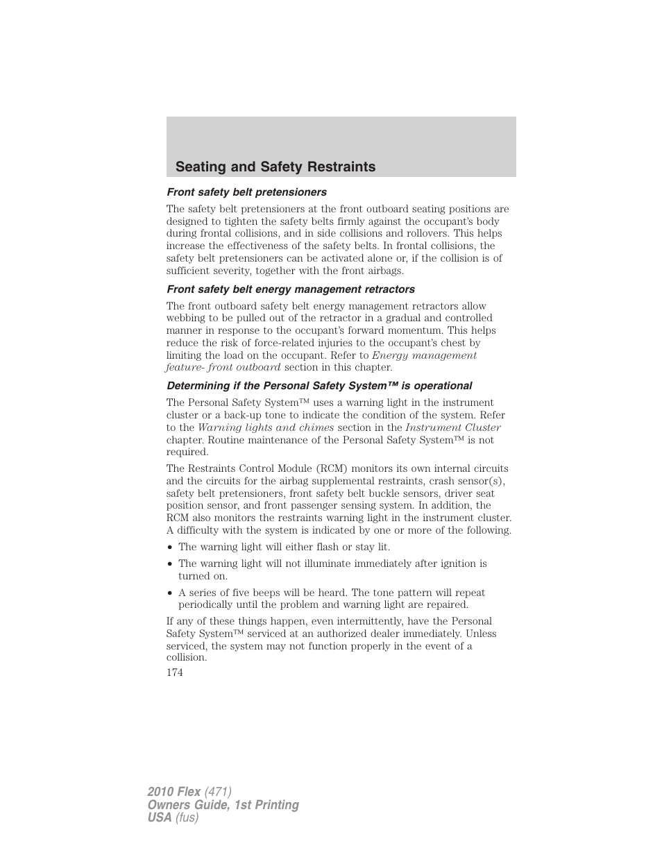 Front safety belt pretensioners, Front safety belt energy management retractors, Seating and safety restraints | FORD 2010 Flex v.1 User Manual | Page 174 / 397