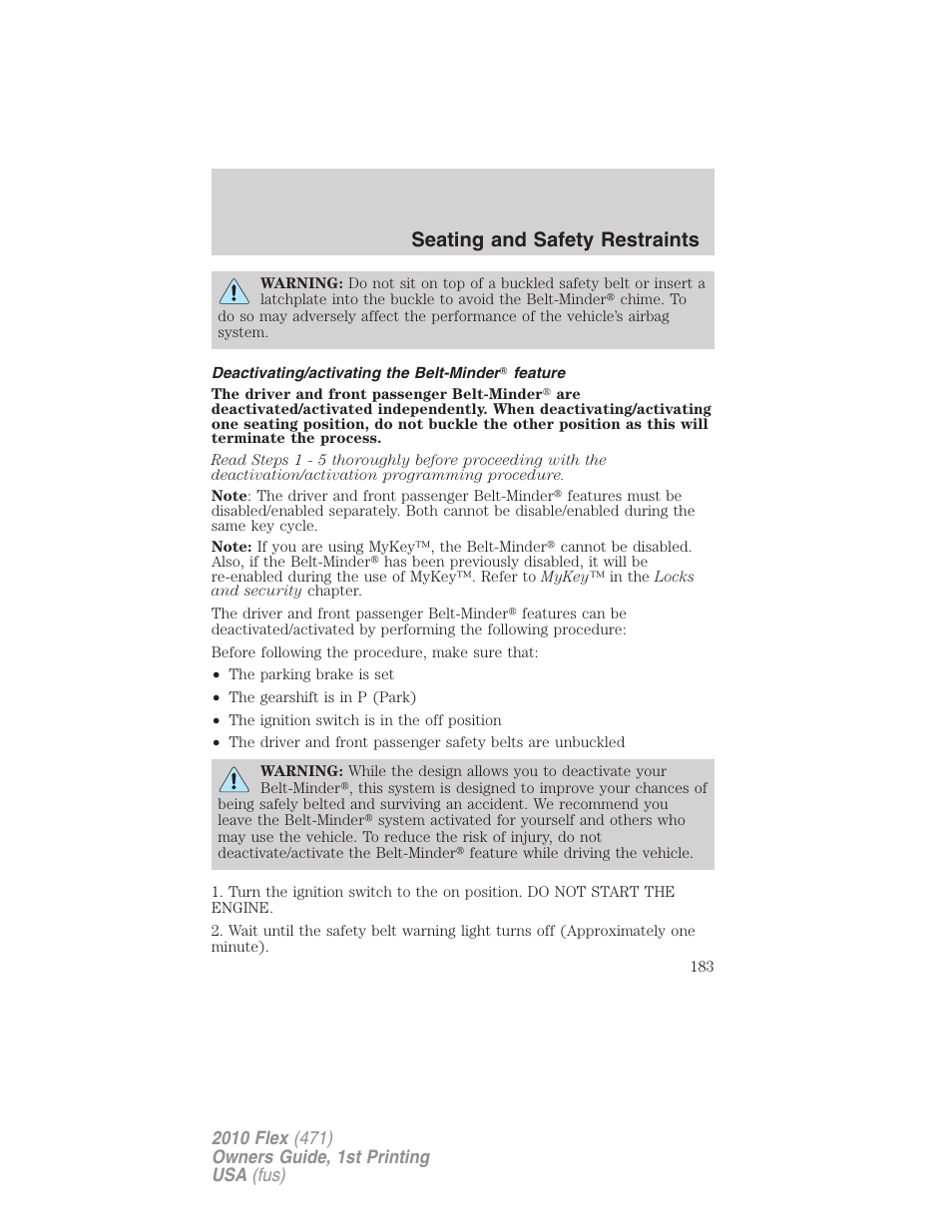 Deactivating/activating the belt-minder feature, Seating and safety restraints | FORD 2010 Flex v.1 User Manual | Page 183 / 397