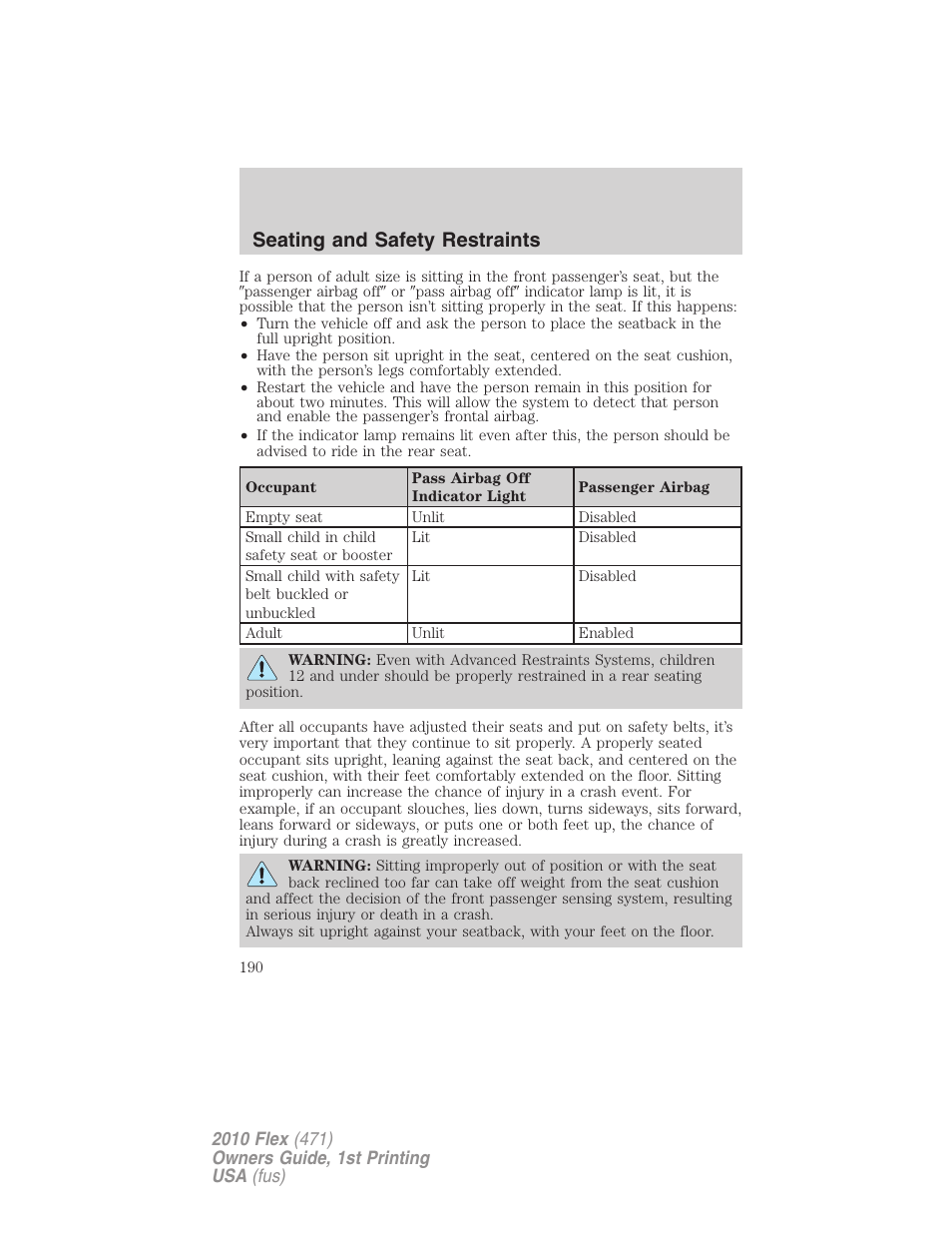 Seating and safety restraints | FORD 2010 Flex v.1 User Manual | Page 190 / 397