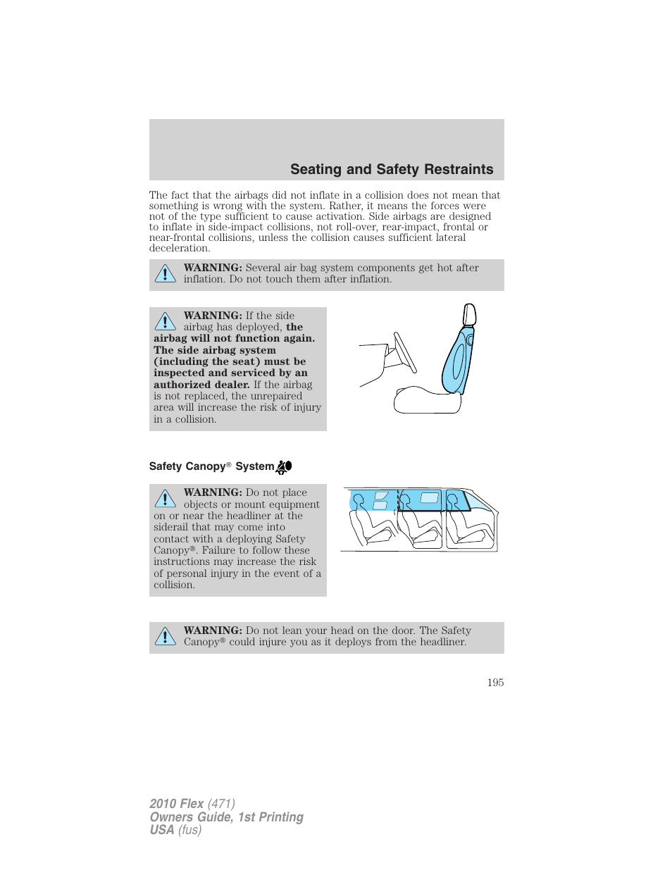 Safety canopy system, Seating and safety restraints | FORD 2010 Flex v.1 User Manual | Page 195 / 397