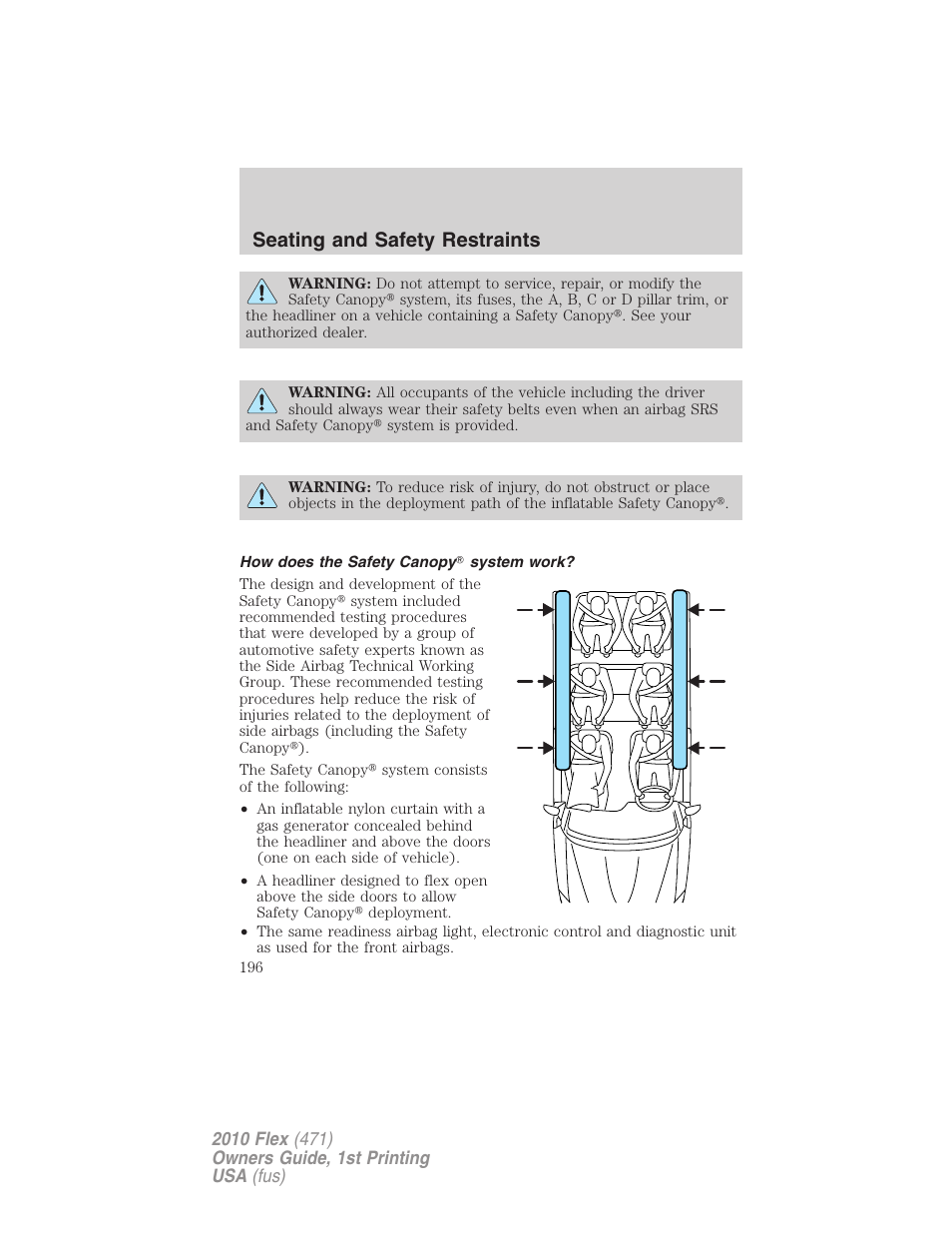 How does the safety canopy system work, Seating and safety restraints | FORD 2010 Flex v.1 User Manual | Page 196 / 397