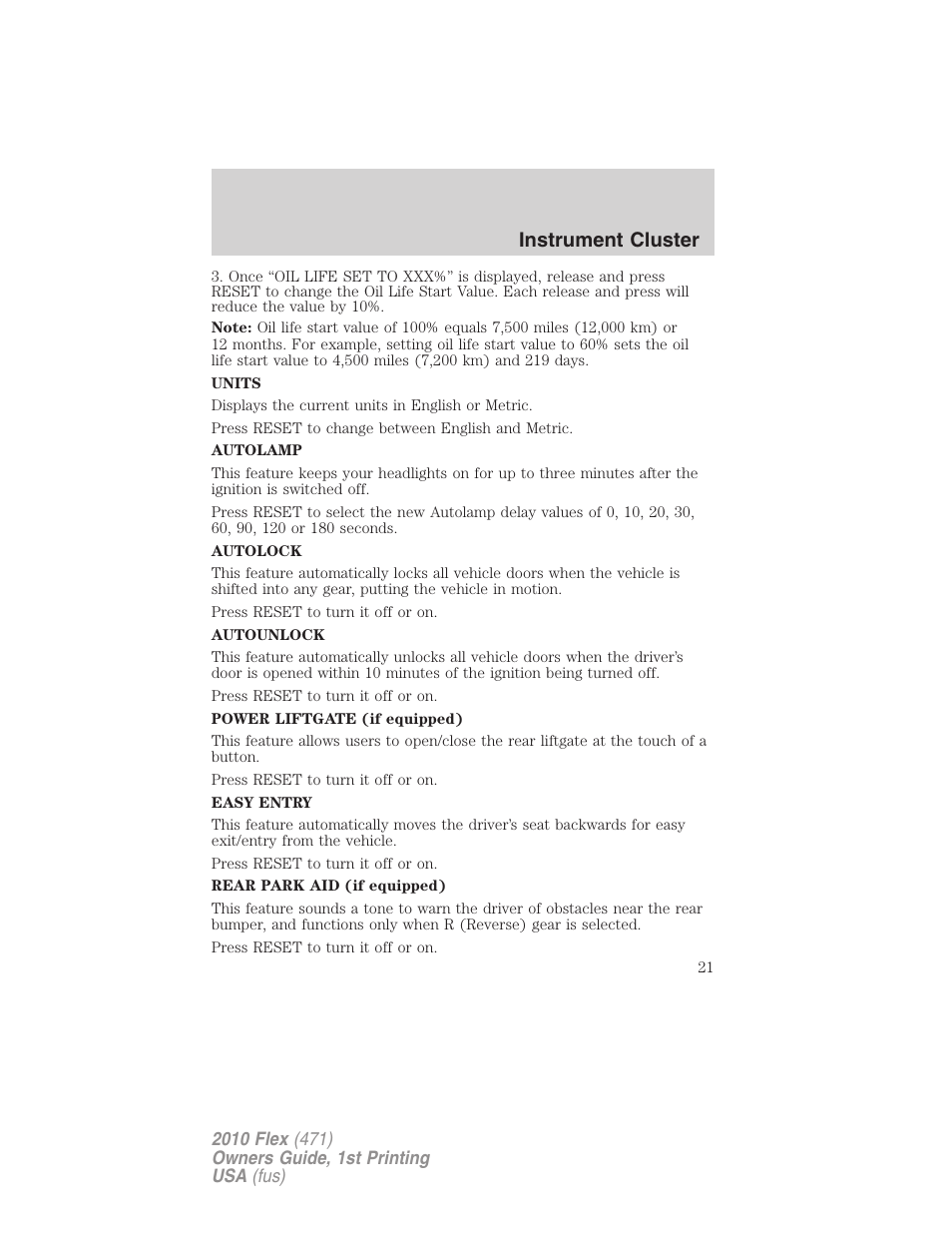Instrument cluster | FORD 2010 Flex v.1 User Manual | Page 21 / 397