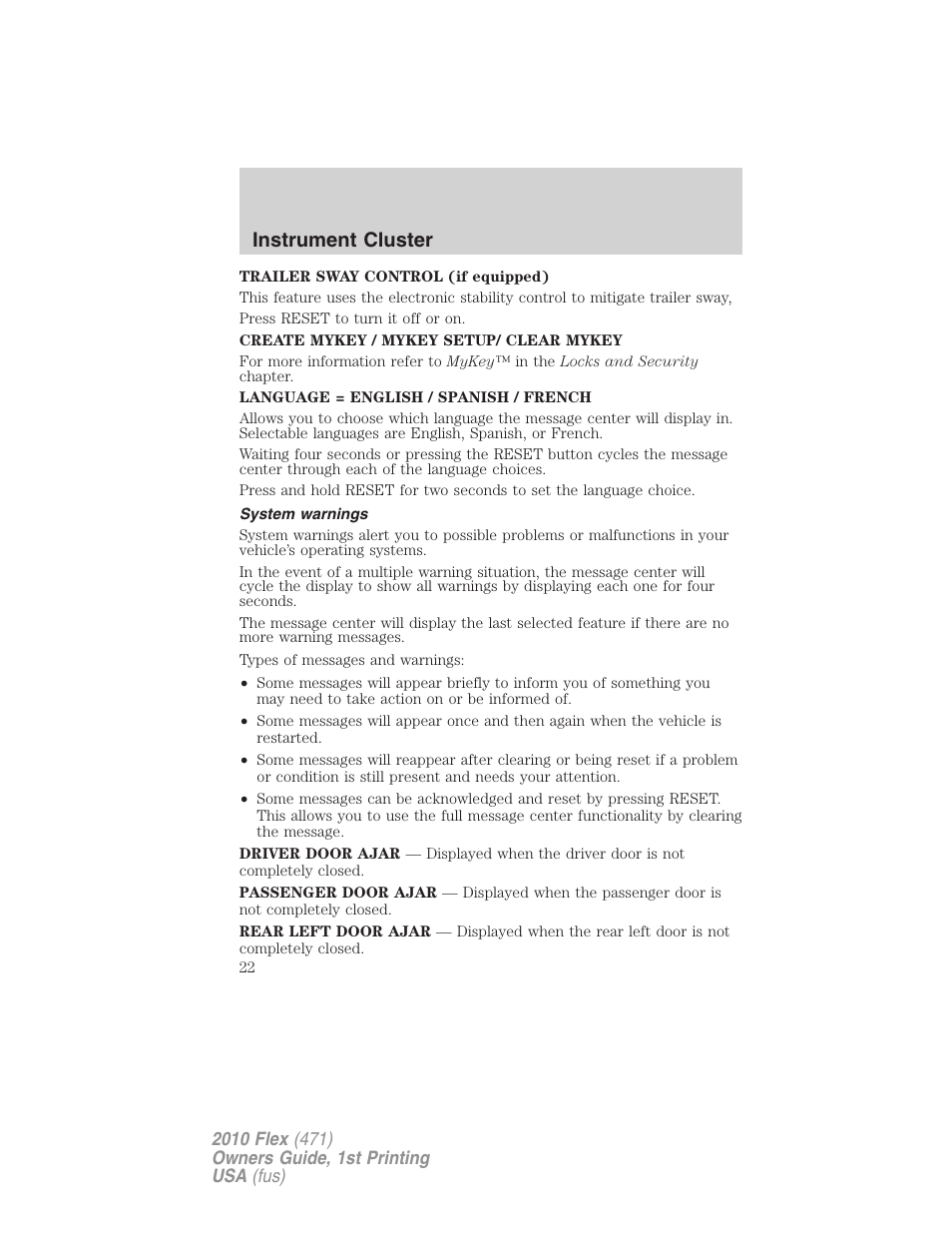 System warnings, Instrument cluster | FORD 2010 Flex v.1 User Manual | Page 22 / 397