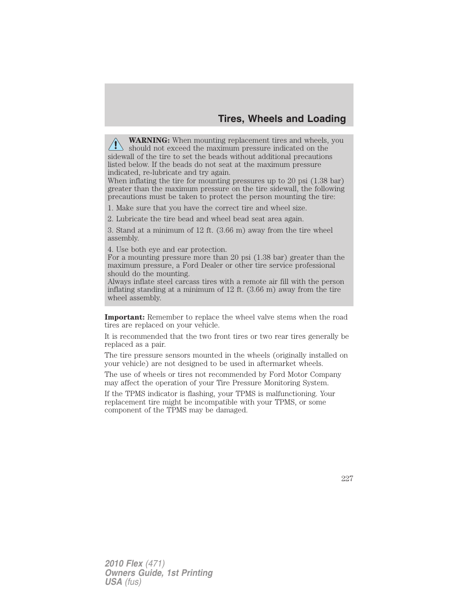 Tires, wheels and loading | FORD 2010 Flex v.1 User Manual | Page 227 / 397
