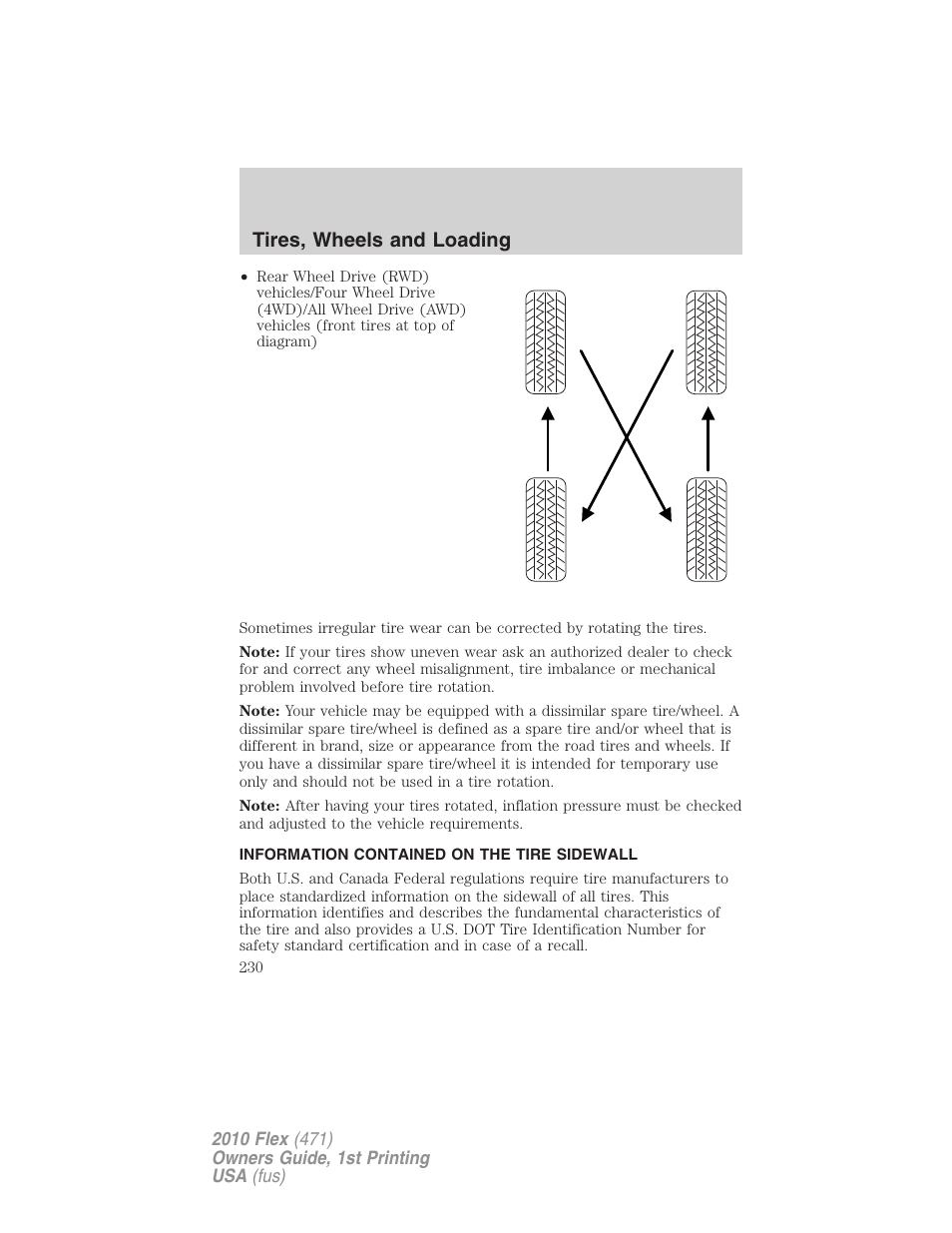 Information contained on the tire sidewall, Tires, wheels and loading | FORD 2010 Flex v.1 User Manual | Page 230 / 397