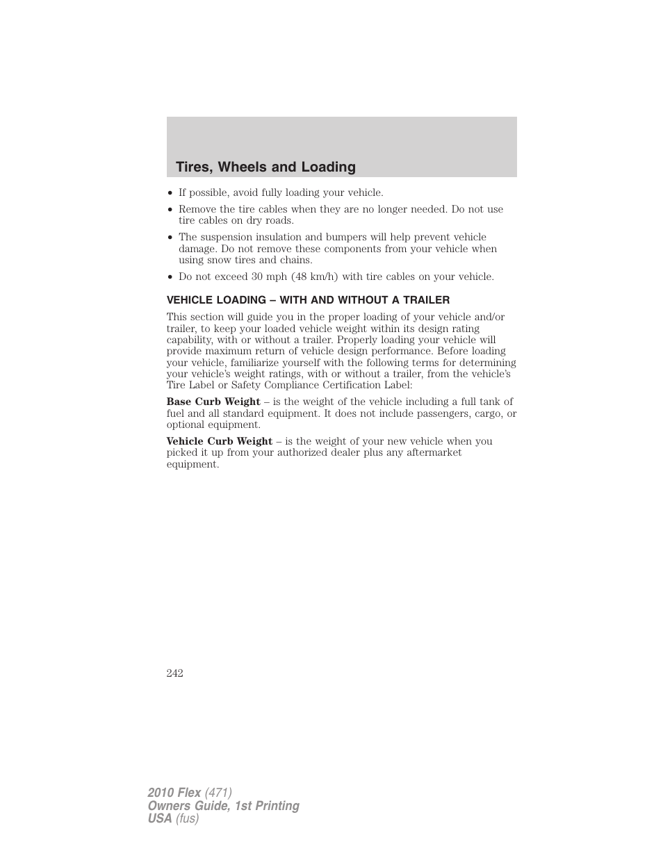 Vehicle loading – with and without a trailer, Vehicle loading, Tires, wheels and loading | FORD 2010 Flex v.1 User Manual | Page 242 / 397