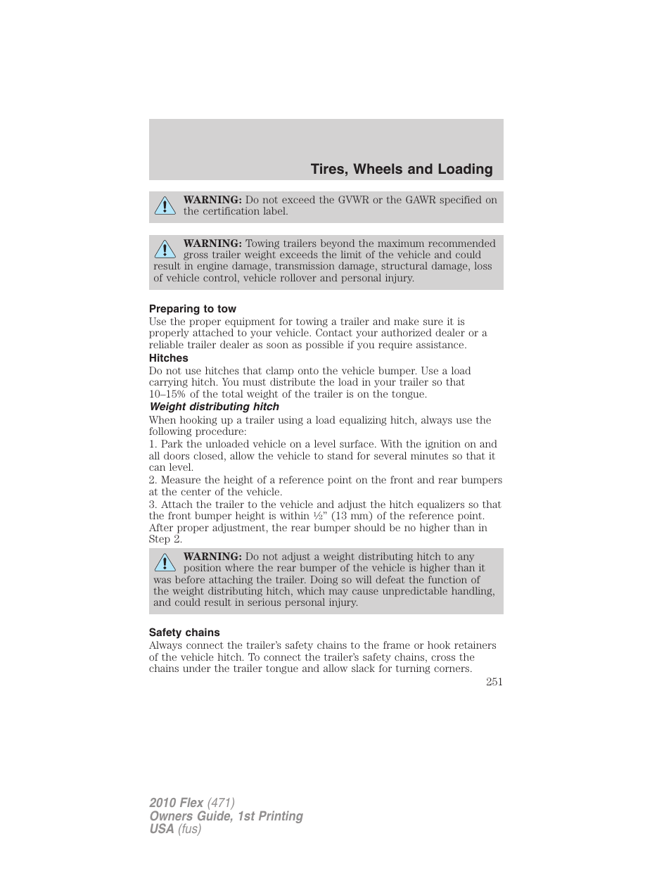 Preparing to tow, Hitches, Weight distributing hitch | Safety chains, Tires, wheels and loading | FORD 2010 Flex v.1 User Manual | Page 251 / 397
