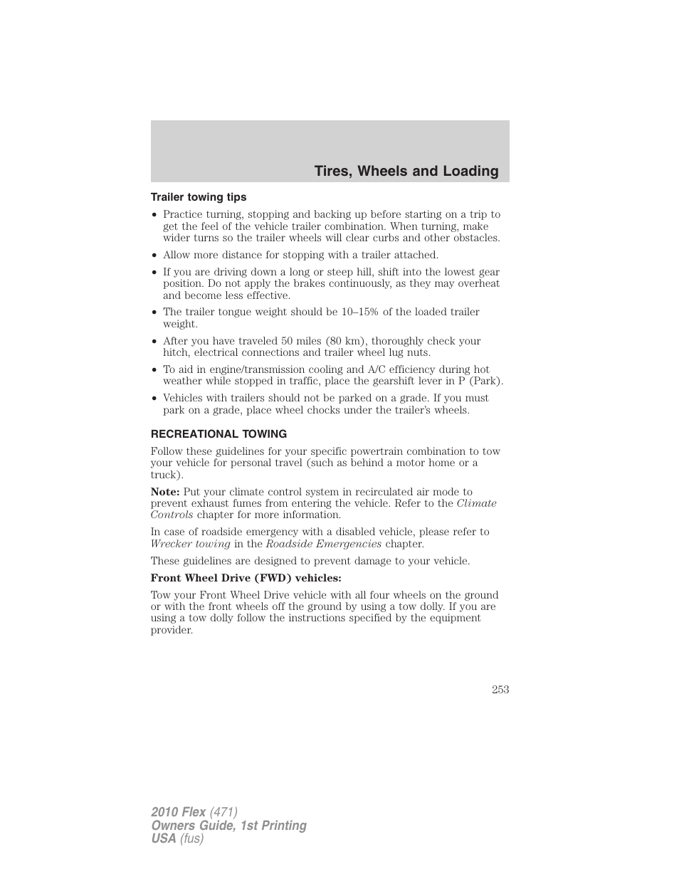 Trailer towing tips, Recreational towing, Tires, wheels and loading | FORD 2010 Flex v.1 User Manual | Page 253 / 397