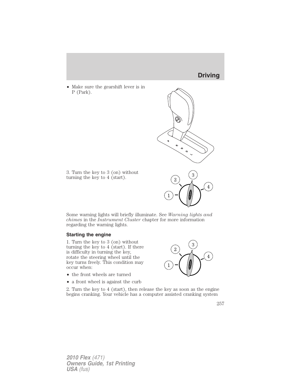 Starting the engine, Driving | FORD 2010 Flex v.1 User Manual | Page 257 / 397
