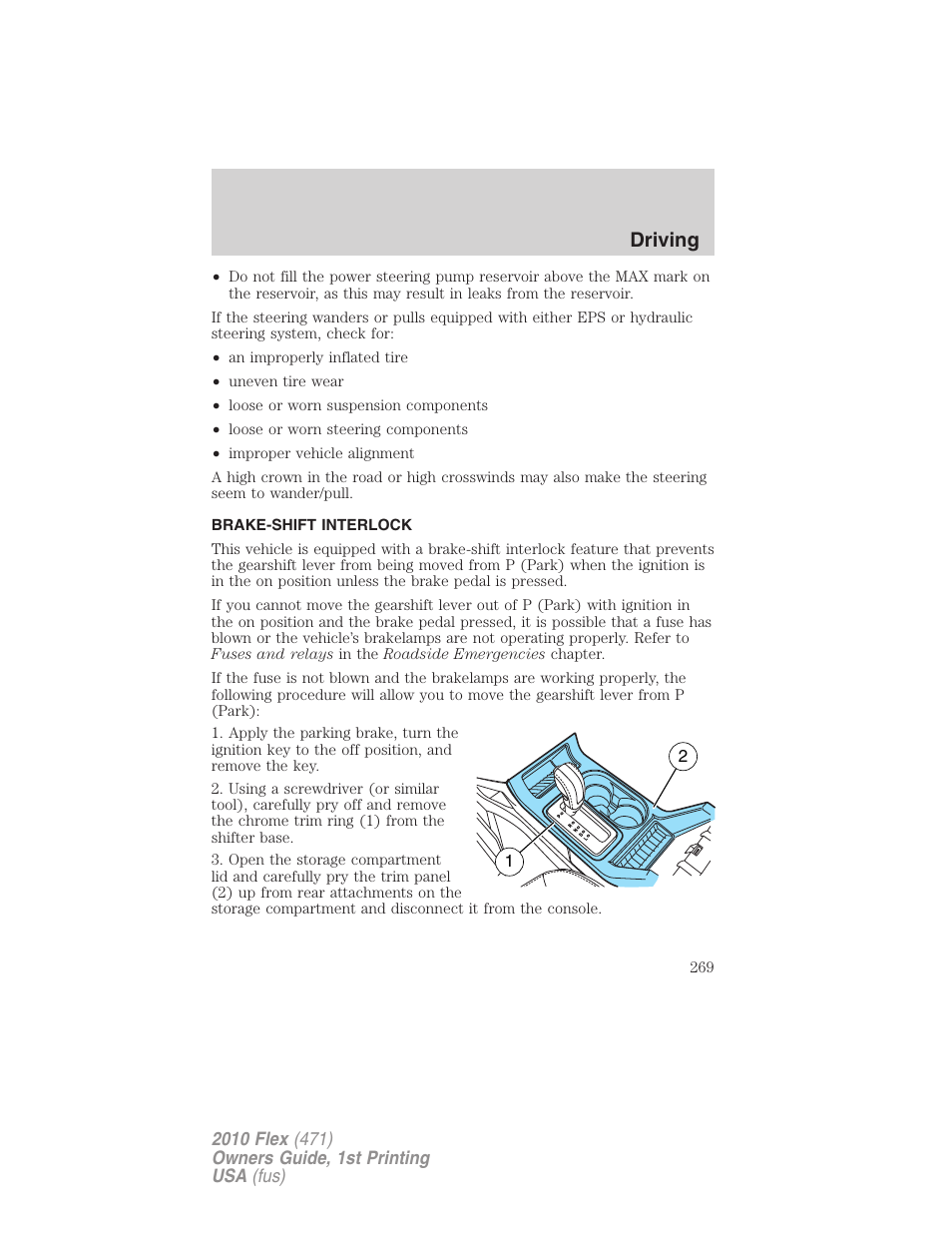 Brake-shift interlock, Driving | FORD 2010 Flex v.1 User Manual | Page 269 / 397