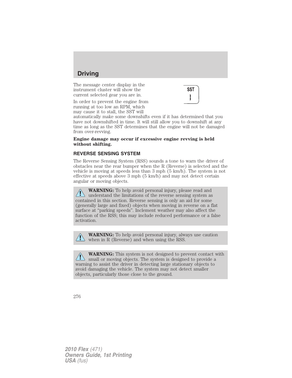 Reverse sensing system, Driving | FORD 2010 Flex v.1 User Manual | Page 276 / 397