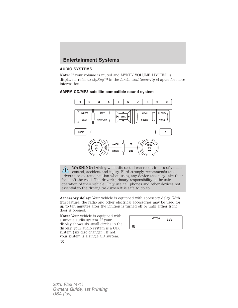 Entertainment systems, Audio systems, Am/fm cd/mp3 satellite compatible sound system | Am/fm stereo with cd/mp3 | FORD 2010 Flex v.1 User Manual | Page 28 / 397