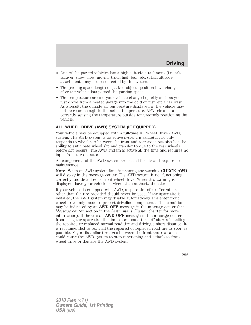 All wheel drive (awd) system (if equipped), All wheel drive, Driving | FORD 2010 Flex v.1 User Manual | Page 285 / 397
