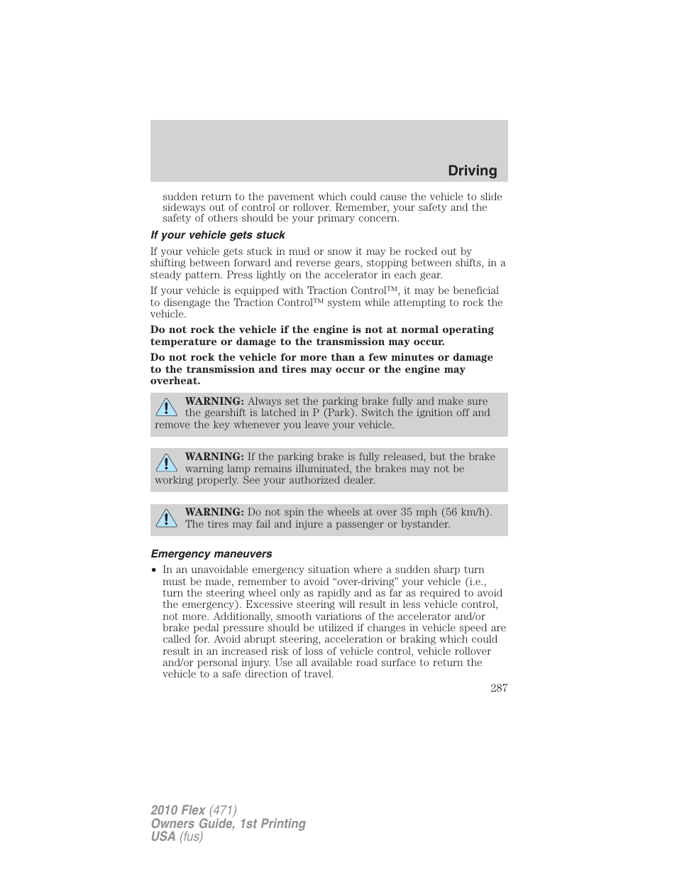 If your vehicle gets stuck, Emergency maneuvers, Driving | FORD 2010 Flex v.1 User Manual | Page 287 / 397