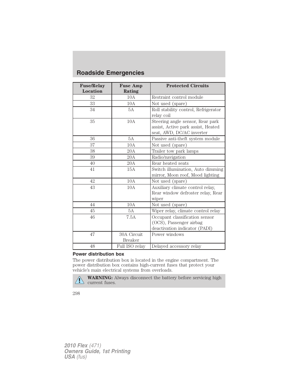 Power distribution box, Roadside emergencies | FORD 2010 Flex v.1 User Manual | Page 298 / 397