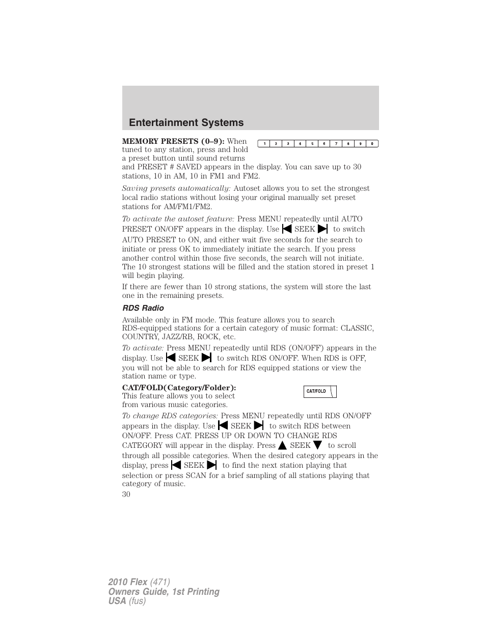 Rds radio, Entertainment systems | FORD 2010 Flex v.1 User Manual | Page 30 / 397