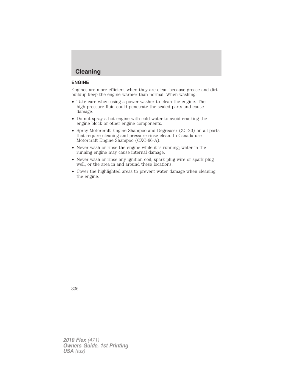 Engine, Cleaning | FORD 2010 Flex v.1 User Manual | Page 336 / 397