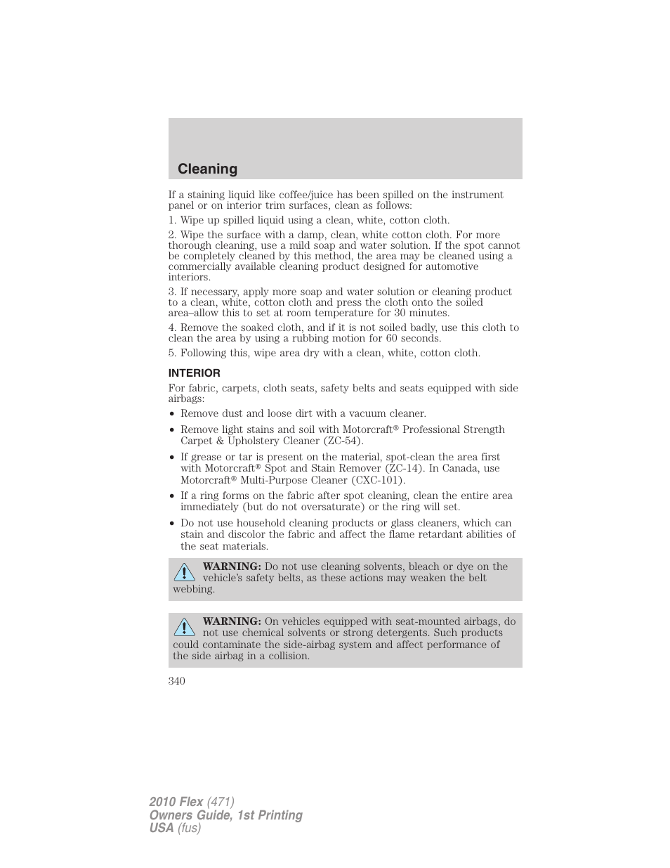 Interior, Cleaning | FORD 2010 Flex v.1 User Manual | Page 340 / 397
