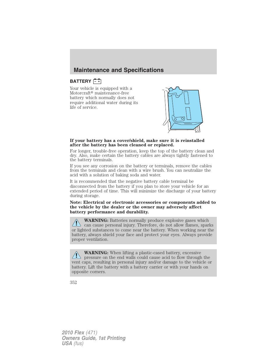 Battery, Maintenance and specifications | FORD 2010 Flex v.1 User Manual | Page 352 / 397