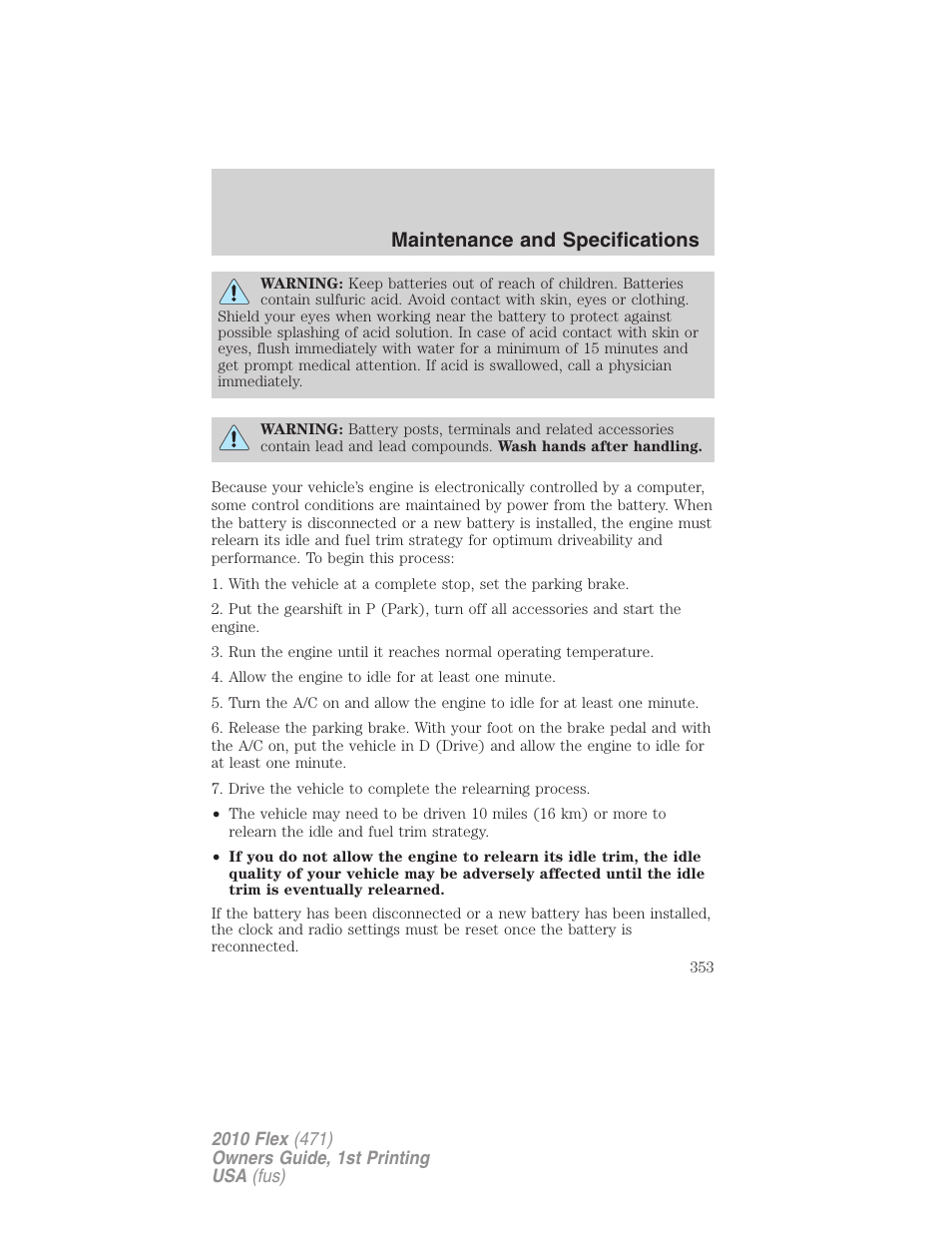 Maintenance and specifications | FORD 2010 Flex v.1 User Manual | Page 353 / 397