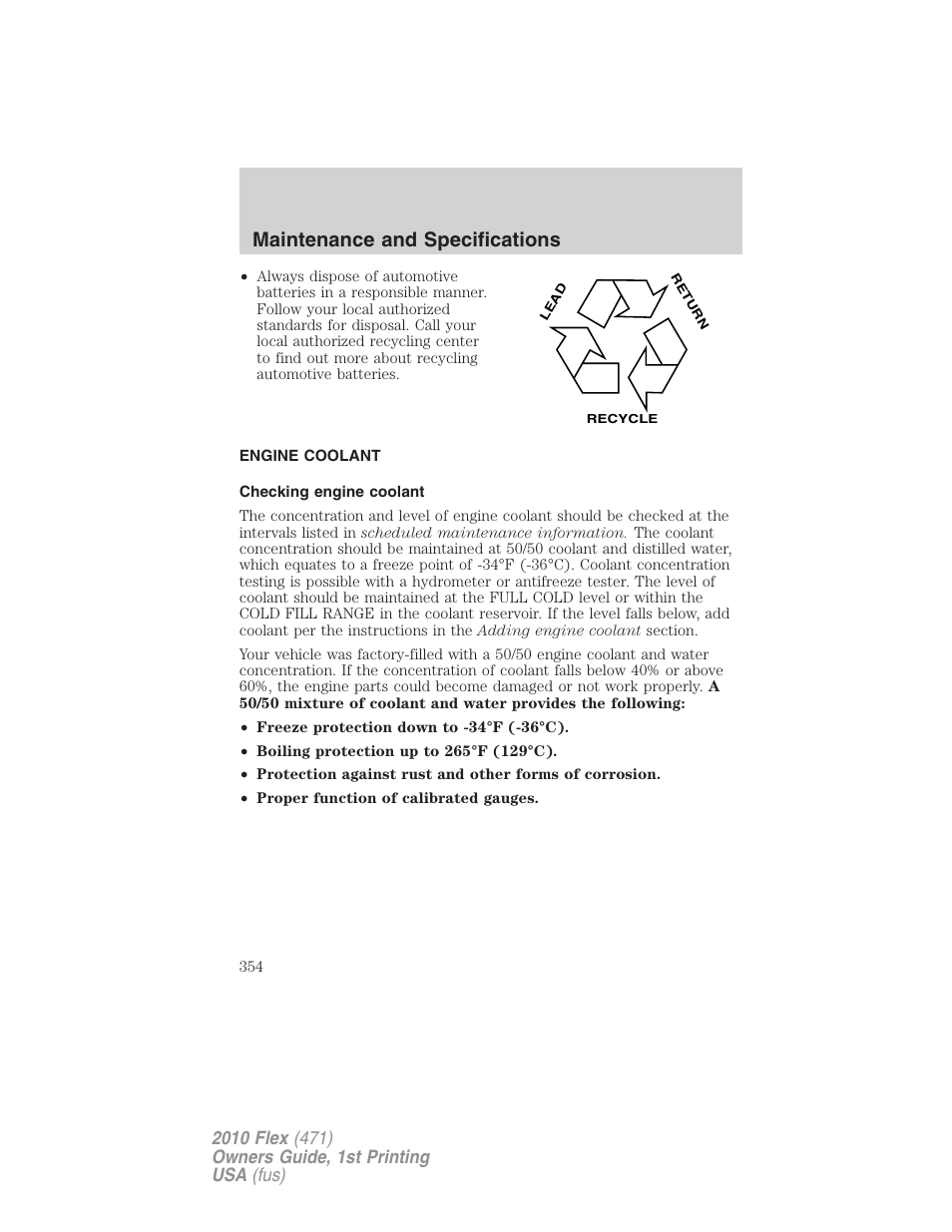 Engine coolant, Checking engine coolant, Maintenance and specifications | FORD 2010 Flex v.1 User Manual | Page 354 / 397