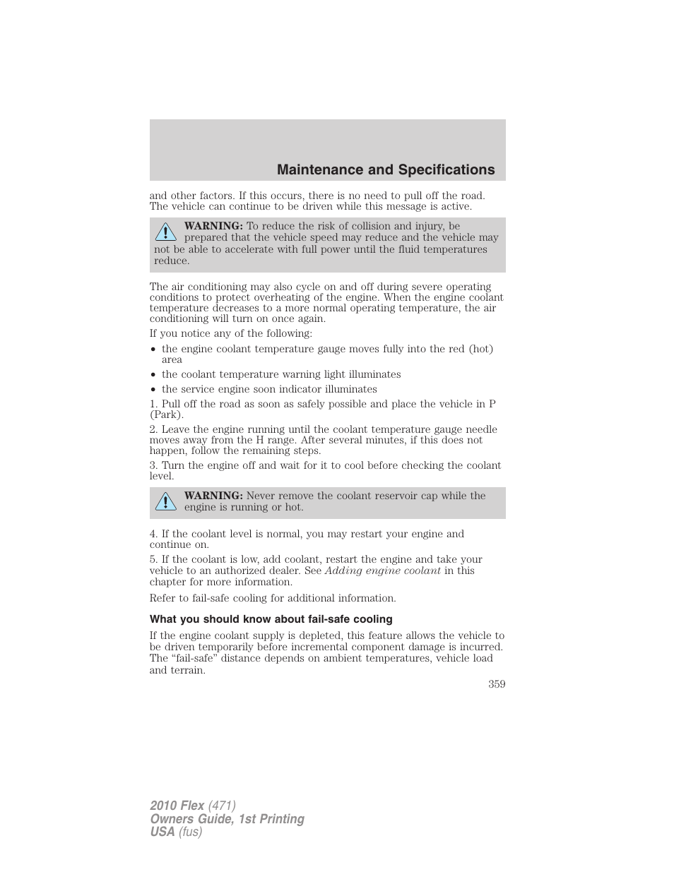 What you should know about fail-safe cooling, Maintenance and specifications | FORD 2010 Flex v.1 User Manual | Page 359 / 397
