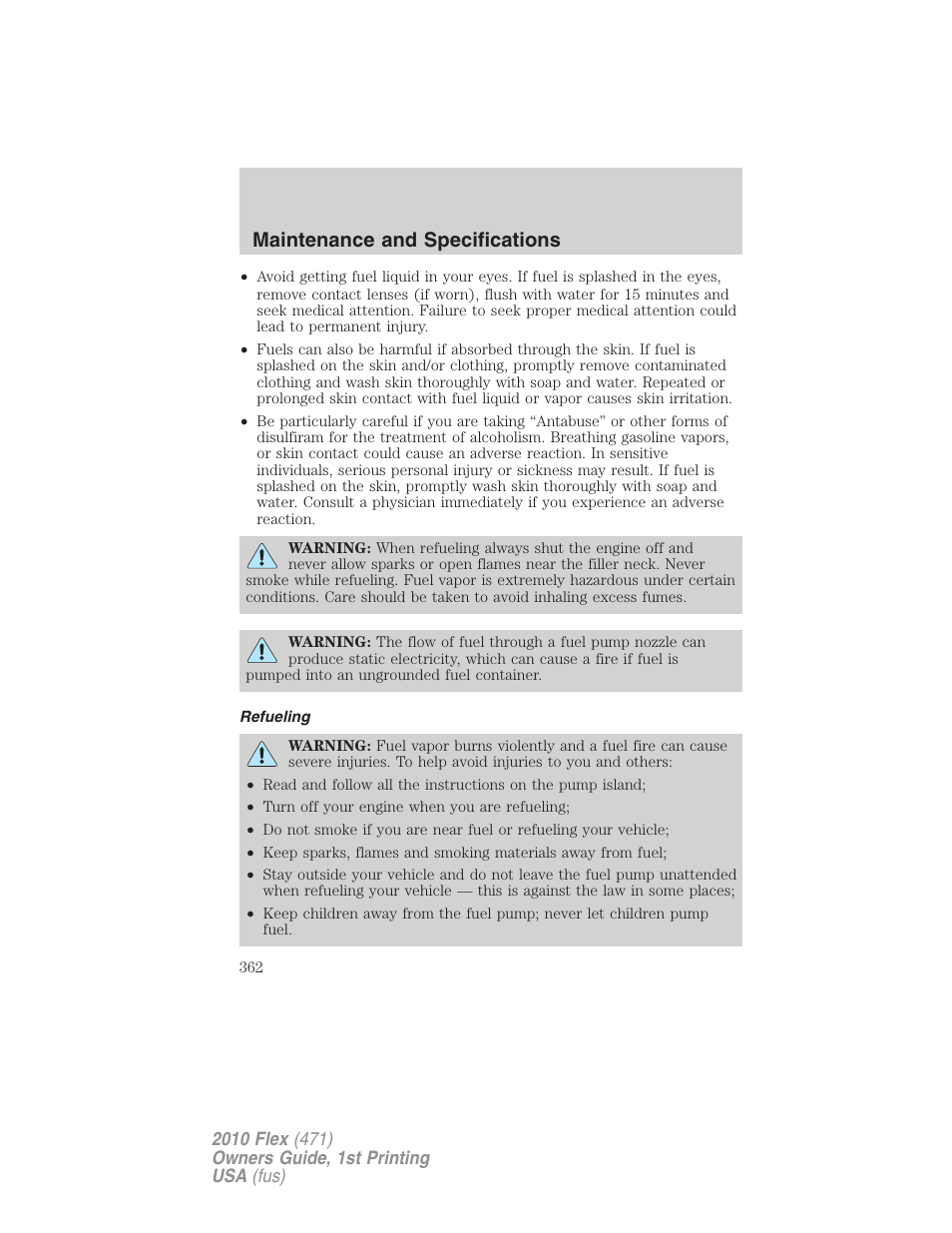 Refueling, Maintenance and specifications | FORD 2010 Flex v.1 User Manual | Page 362 / 397