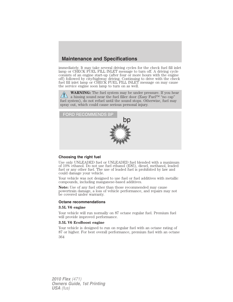 Choosing the right fuel, Octane recommendations, Maintenance and specifications | FORD 2010 Flex v.1 User Manual | Page 364 / 397