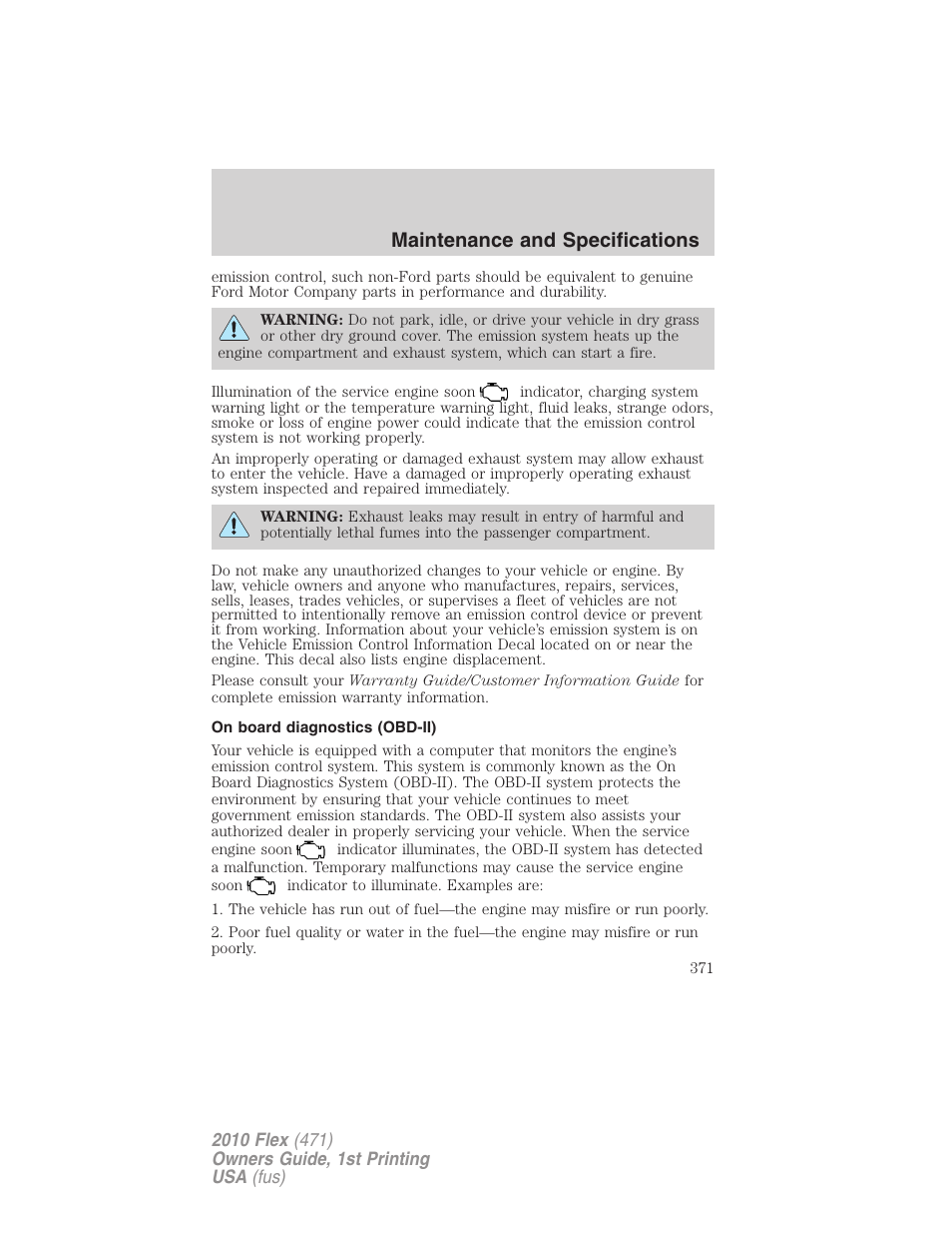 On board diagnostics (obd-ii), Maintenance and specifications | FORD 2010 Flex v.1 User Manual | Page 371 / 397