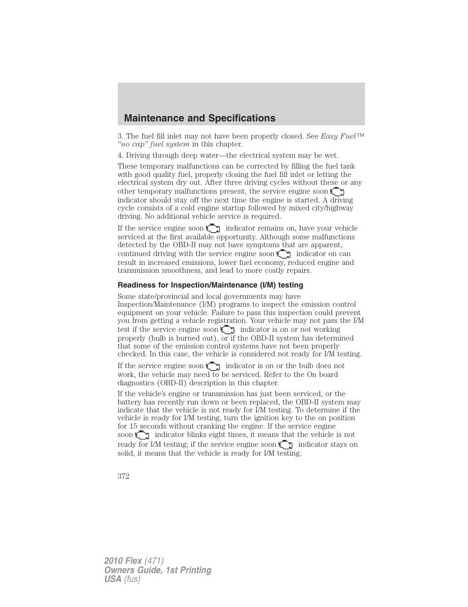 Readiness for inspection/maintenance (i/m) testing, Maintenance and specifications | FORD 2010 Flex v.1 User Manual | Page 372 / 397