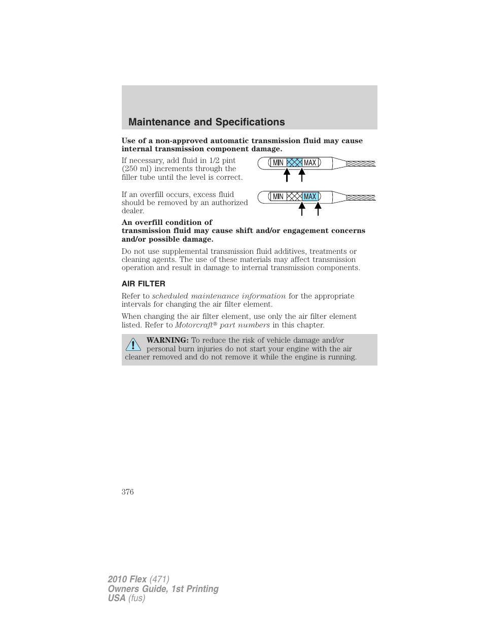Air filter, Air filter(s), Maintenance and specifications | FORD 2010 Flex v.1 User Manual | Page 376 / 397