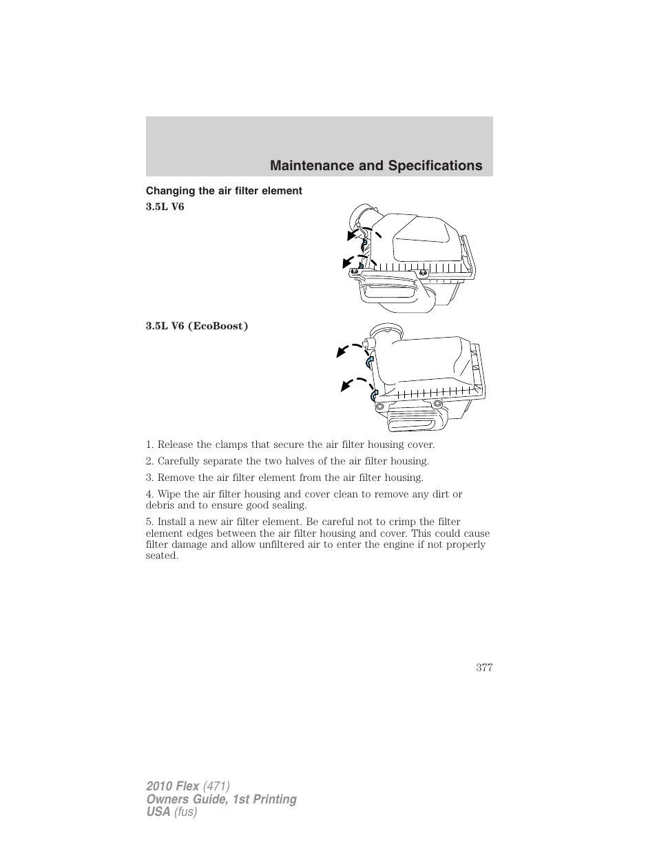 Changing the air filter element, Maintenance and specifications | FORD 2010 Flex v.1 User Manual | Page 377 / 397