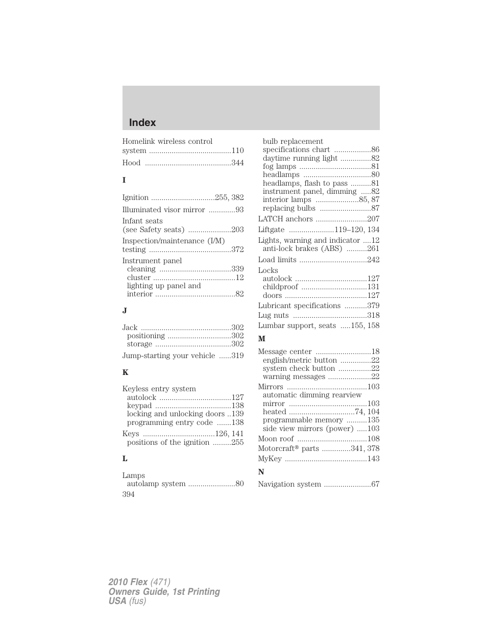 Index | FORD 2010 Flex v.1 User Manual | Page 394 / 397