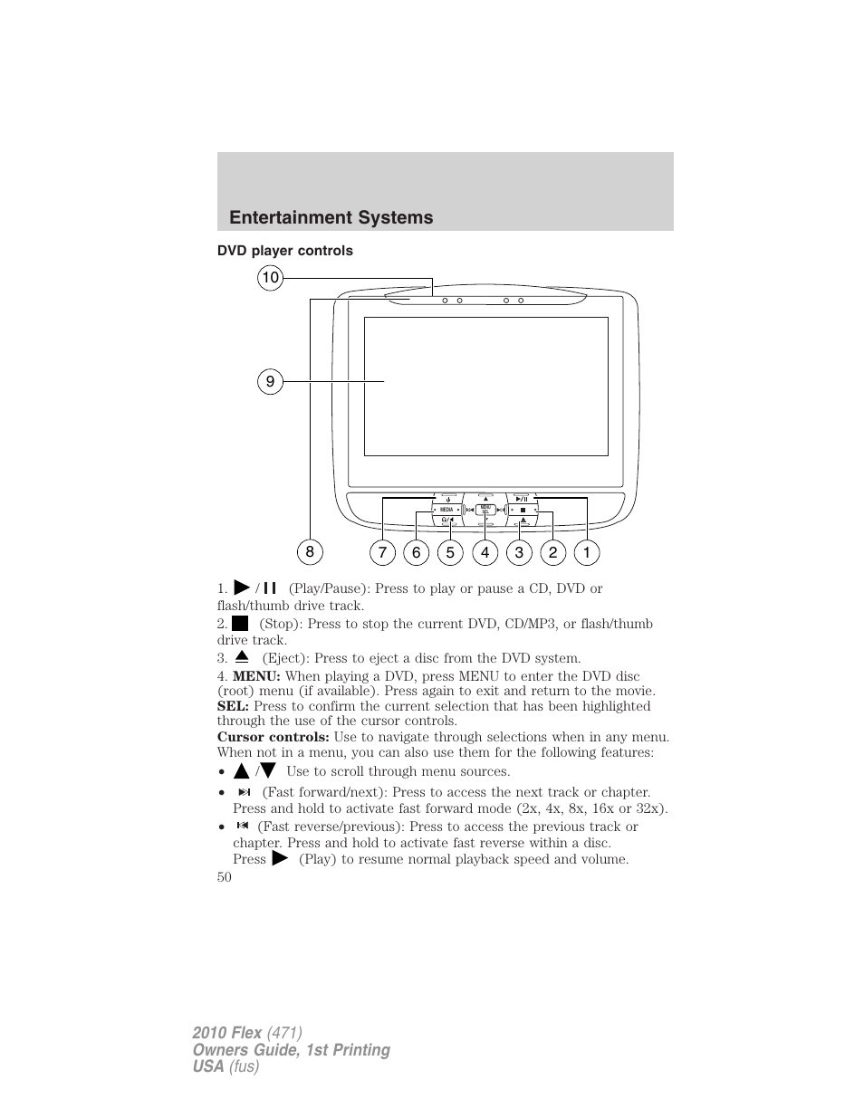 Dvd player controls, Entertainment systems | FORD 2010 Flex v.1 User Manual | Page 50 / 397