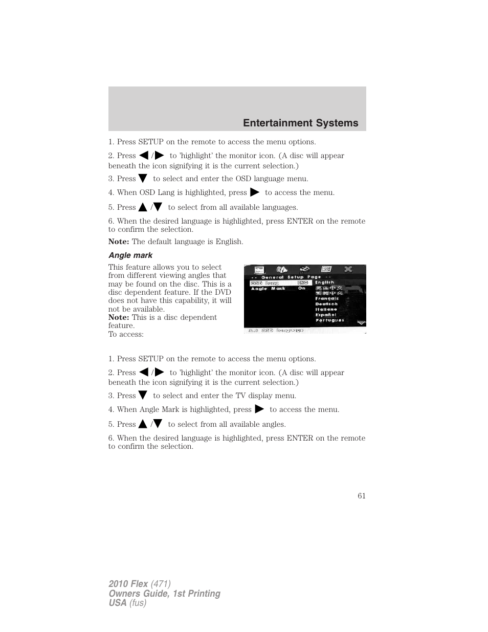 Angle mark, Entertainment systems | FORD 2010 Flex v.1 User Manual | Page 61 / 397