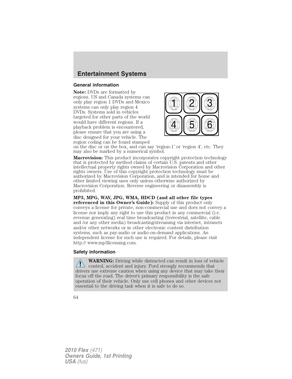 General information, Safety information, Entertainment systems | FORD 2010 Flex v.1 User Manual | Page 64 / 397