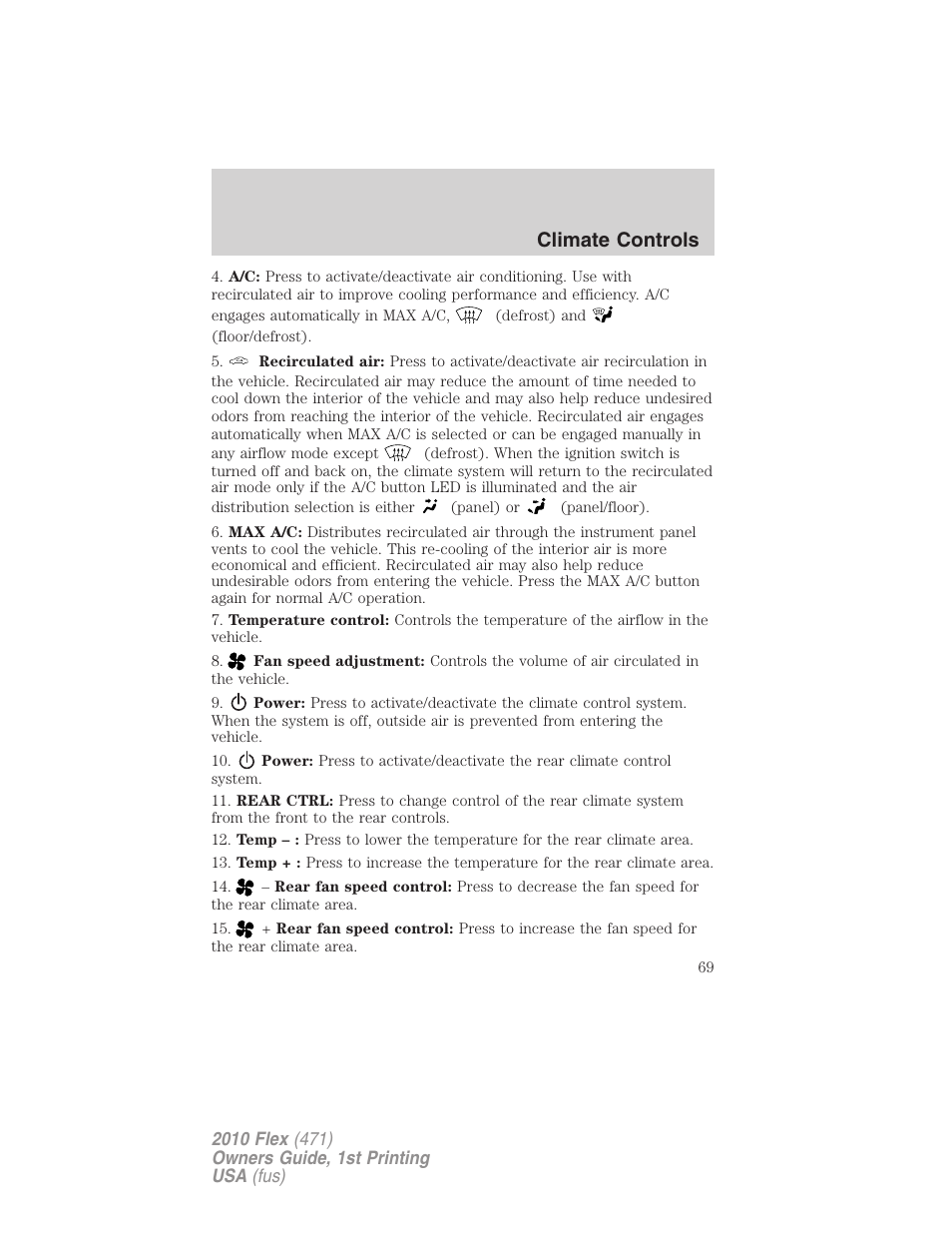 Climate controls | FORD 2010 Flex v.1 User Manual | Page 69 / 397