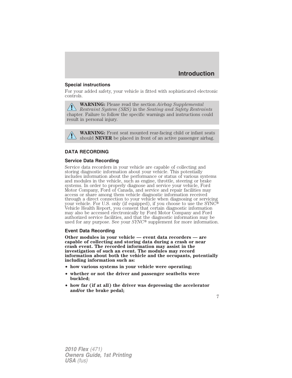 Special instructions, Data recording, Service data recording | Event data recording, Introduction | FORD 2010 Flex v.1 User Manual | Page 7 / 397