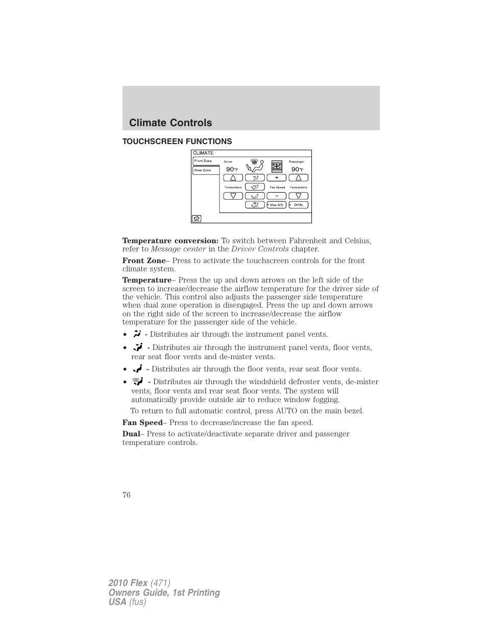 Touchscreen functions, Climate controls | FORD 2010 Flex v.1 User Manual | Page 76 / 397