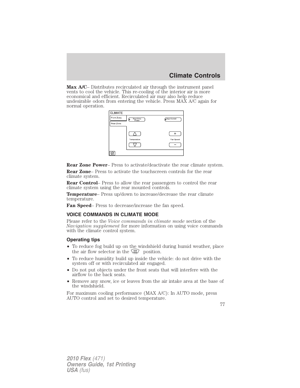 Voice commands in climate mode, Operating tips, Climate controls | FORD 2010 Flex v.1 User Manual | Page 77 / 397