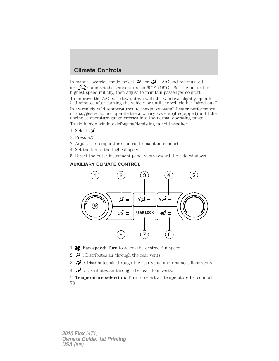 Auxiliary climate control, Climate controls | FORD 2010 Flex v.1 User Manual | Page 78 / 397